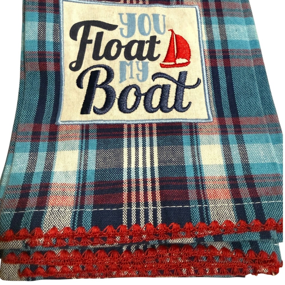 NWT DII You Float My Boat Kitchen Towels Blue Red Plaid Nautical Set of 4 - Picture 3 of 5